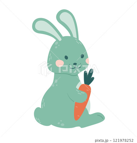 Cute rabbit eats vegetables. The bunny is sitting and holding a large carrot in his paw. Vector illustration on a white background. Flat Style. 121978252