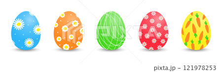 Set of Easter eggs with different designs on a white background. Spring festival. Flat-style vector illustration. Bright Easter eggs. Set of Easter eggs with different designs on a white background. Spring festival. Flat-style vector illustration. Bright Easter eggs. 121978253
