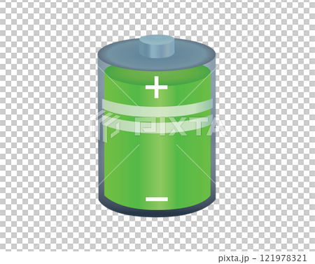 Green cylinder recharging battery cell icon with bolt, plus, minus symbol 121978321