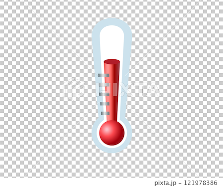 Liquid in glass thermometer icon with red liquid risen to measure temperature 121978386