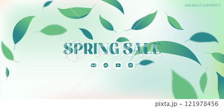 Minimal spring sale banner with floating green leaves and gradient background. Elegant vector design for social media, promotion, or digital marketing. 121978456