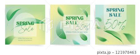 Spring Sale Social Media Banners with Green Leaves and Discounts 121978463
