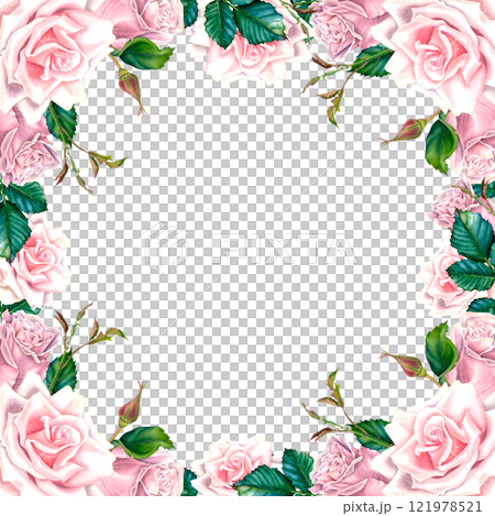Square floral frame with pastel pink rose flowers, buds and green leaves. Hand drawn watercolor botanical illustration on isolated background. Perfect for greeting cards or wedding invitations. 121978521