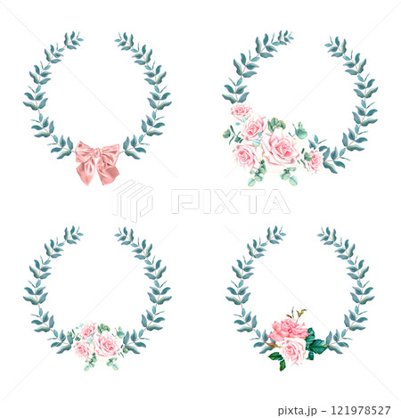 Circle frames with pastel pink roses, buds, ribbon bow and eucalyptus leaves. Watercolor botanical illustration. Hand drawn wreaths on Isolated background. Empty space for an inscription. For cards. 121978527