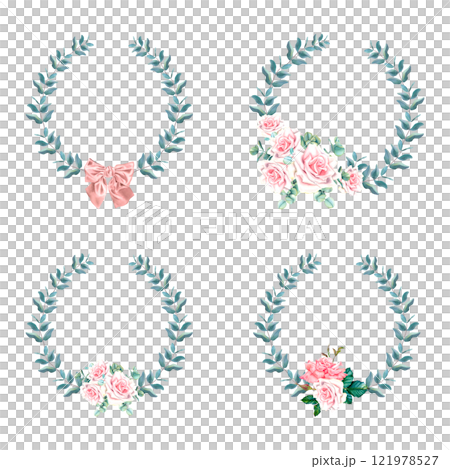 Circle frames with pastel pink roses, buds, ribbon bow and eucalyptus leaves. Watercolor botanical illustration. Hand drawn wreaths on Isolated background. Empty space for an inscription. For cards. 121978527