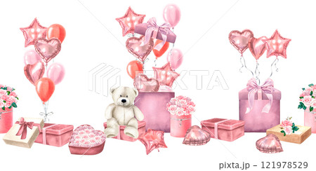 Seamless border of teddy bear sitting among gift boxes, bouquets of pink roses and festive helium balloons.Cute watercolor illustration of surprise on isolated background. Valentine's day design. Seamless border of teddy bear sitting among gift boxes, bouquets of pink roses and festive helium balloons.Cute watercolor illustration of surprise on isolated background. Valentine's day design. 121978529