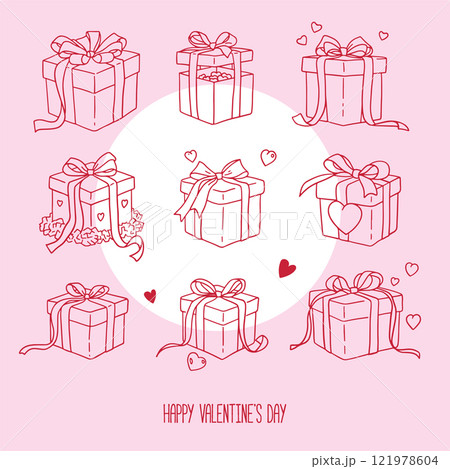 Coquette Present gift boxes set. Hand drawn linear retro bow knots. Vector illustration. Valentine's gift tied with ribbon. Wedding celebration, holiday, party clipart. Vector 121978604
