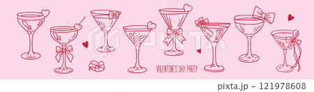 Cocktail coquette clipart set. Cute y2k aesthetic glasses with crafts bows, pink ribbon. Decoration valentine party elements. Linear hand drawn vector illustration, 121978608