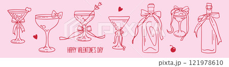 Girly pink cocktail glasses set. Vintage victorian cute coquette style elements collection. Vintage Cocktail, champagne glasses, wine bottels with bow ribbon. Birthday, wedding design. Linear vector 121978610