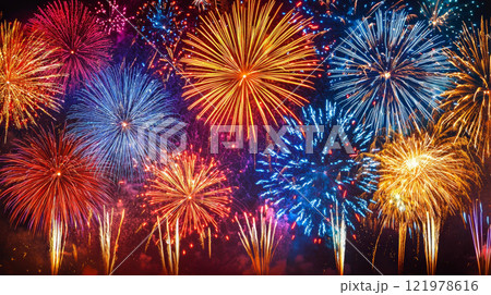 Generative ai illustration of vibrant fireworks displays lighting 121978616