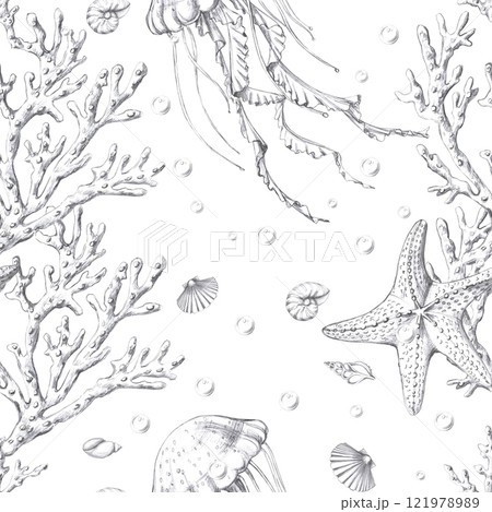 Seamless pattern with starfish, corals, jellyfish in pencil. Illustration on the underwater theme for the design of cafes and restaurants in a marine style, as well as packaging, printing on fabric. 121978989