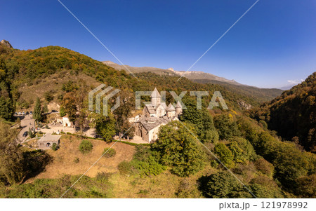 Aerial view of Medieval Haghartsin monastery complex 11th century on sunny summer day. Ancient church popular touristic destinations. Armenian attractions near Dilijan. Tavush Province, Armenia Europe 121978992