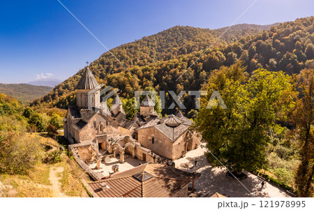 Aerial view of Medieval Haghartsin monastery complex 11th century on sunny summer day. Ancient church popular touristic destinations. Armenian attractions near Dilijan. Tavush Province, Armenia Europe 121978995