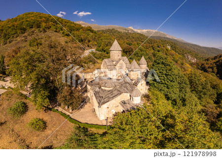 Aerial view of Medieval Haghartsin monastery complex 11th century on sunny summer day. Ancient church popular touristic destinations. Armenian attractions near Dilijan. Tavush Province, Armenia Europe 121978998