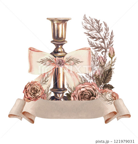 Candles in candlesticks and pink roses with a blank banner ribbon. Watercolor template for wedding design, Valentine's Day greeting, sticker, album, poster, card, web design, textile, postcard Candles in candlesticks and pink roses with a blank banner ribbon. Watercolor template for wedding design, Valentine's Day greeting, sticker, album, poster, card, web design, textile, postcard 121979031