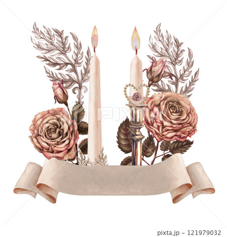 Candles in candlesticks and pink roses with a blank banner ribbon. Watercolor template for wedding design, Valentine's Day greeting, sticker, album, poster, card, web design, textile, postcard Candles in candlesticks and pink roses with a blank banner ribbon. Watercolor template for wedding design, Valentine's Day greeting, sticker, album, poster, card, web design, textile, postcard 121979032