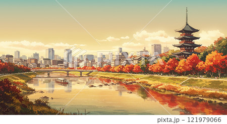 【アニメ背景】紅葉の秋の川 121979066