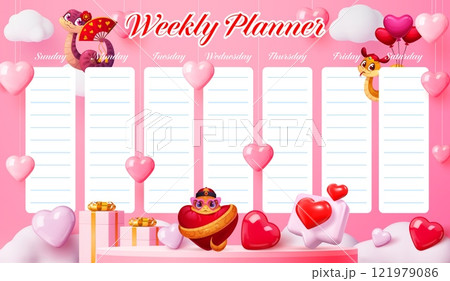 Weekly planner schedule with valentines day hearts and funny snakes. Vector educational timetable, school lesson planner template with cute reptile characters and gifts. Kid time table organizer frame Weekly planner schedule with valentines day hearts and funny snakes. Vector educational timetable, school lesson planner template with cute reptile characters and gifts. Kid time table organizer frame 121979086
