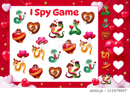 I spy game worksheet, valentines day funny snakes with hearts, balloons and flowers. Vector riddle for kids with playful reptiles in love. Festive activity for families during valentine celebrations I spy game worksheet, valentines day funny snakes with hearts, balloons and flowers. Vector riddle for kids with playful reptiles in love. Festive activity for families during valentine celebrations 121979087