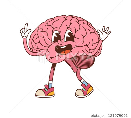 Cartoon groovy human brain character. Vector happy anatomy medicine and human body retro personage with cheerful expression, embodies creativity, intelligence, and positive energy, intellect and idea 121979091