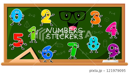 Math numbers and digit characters stickers pack on school blackboard. Vector set of learning patches with cartoon educational numeral personages on green classroom chalkboard with chalk and protractor 121979095