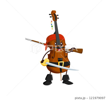 Cartoon cello musical instrument pirate and corsair character with bandana, riffle gun and sword. Isolated vector playful mustached violoncello sailor personage combines music and maritime adventure 121979097