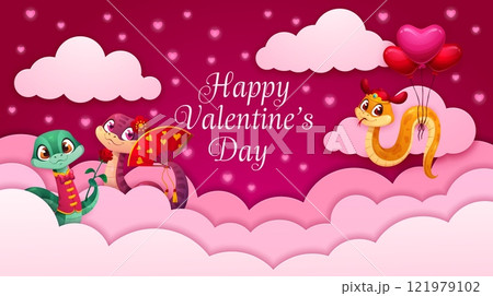 Paper cut Valentine day greeting card with pink sky clouds and cheerful snakes, vector banner. Happy Valentine Day or love holiday funny cartoon snake characters in paper cut clouds and heart balloons 121979102