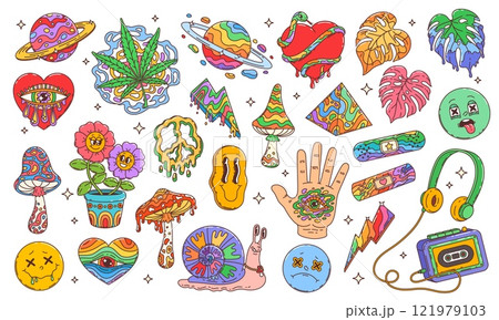 Groovy hippie symbols of cartoon psychedelic rainbow mushroom, flowers and peace sign. Vector retro groovy smile emojis, funky heart and hand with eye, space planets, lightnings and cassette player 121979103
