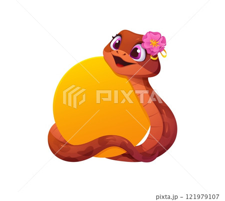 Cartoon cute asian horoscope snake character with holiday banner. Chinese Lunar New Year vector greeting card of funny zodiac calendar snake with flower decor wrapping around blank round signboard Cartoon cute asian horoscope snake character with holiday banner. Chinese Lunar New Year vector greeting card of funny zodiac calendar snake with flower decor wrapping around blank round signboard 121979107