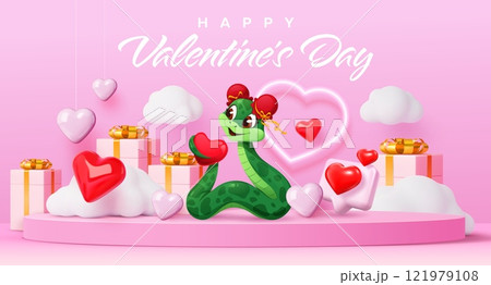 Funny cartoon snake with hearts on Valentine day pink podium, vector greeting card. Happy Valentine Day or love holiday with snake on pink podium with heart balloons, love messages and gifts in clouds Funny cartoon snake with hearts on Valentine day pink podium, vector greeting card. Happy Valentine Day or love holiday with snake on pink podium with heart balloons, love messages and gifts in clouds 121979108
