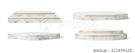Realistic marble podiums with golden border frames. 3d vector white marbleized stone stands, isolated platforms or displays. Geometric bases for gallery exhibition, stages for product presentation 121979128