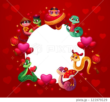 Valentine day round banner with hearts and funny snakes, vector background. Valentine Day blank banner for love holiday greeting, wedding and engagement party invitation with frame of snake characters Valentine day round banner with hearts and funny snakes, vector background. Valentine Day blank banner for love holiday greeting, wedding and engagement party invitation with frame of snake characters 121979129