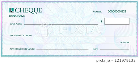 Cheque template with watermark for bank check or checkbook voucher, vector background. Money payment cheque template or paycheck with guilloche watermark for payment coupon or bank voucher bill 121979135