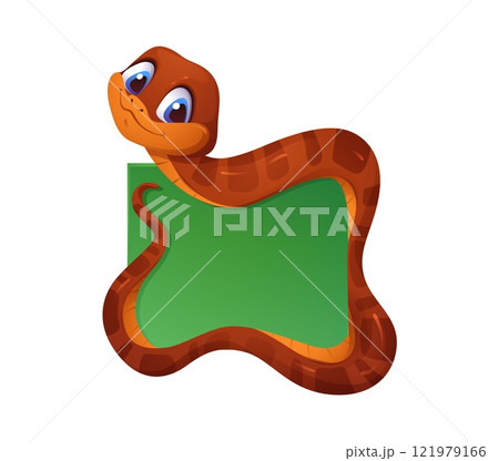 Asian horoscope snake character frame of Chinese New Year holiday vector greeting card. Cartoon cute lunar calendar wood snake personage with blank green banner. Asian New Year holiday celebration 121979166