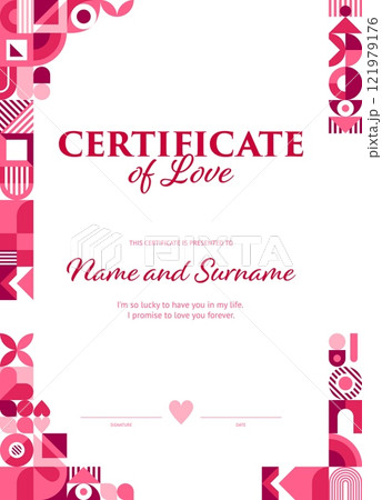 Valentines Day love certificate with pink geometric shapes pattern frame border. Romantic love holiday couple gift certificate vector template with Valentine Day heart mosaic, wedding anniversary gift 121979176