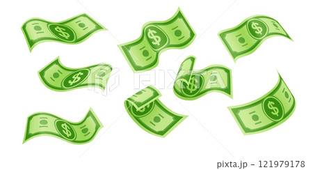 Flying cartoon dollar banknotes or money cash bills of paper currency, vector icons. Floating green banknotes with dollar sign for casino jackpot win bonus, money rich wealth and financial success 121979178