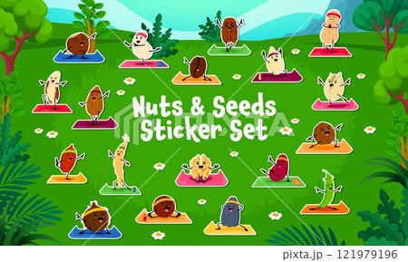 Cartoon nut characters on yoga fitness sport, stickers pack. Vector adorable seeds, grains, beans and pods practicing in yoga poses on mats in summer garden promote fitness, fun and healthy lifestyle 121979196
