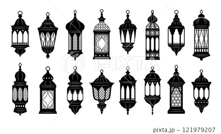 Arabian lanterns and lamp black silhouettes. Arab islamic, ramadan or eid mubarak holiday illumination items. Isolated vector ornate symbols of light, joy and celebration. Decorative festive lamps set Arabian lanterns and lamp black silhouettes. Arab islamic, ramadan or eid mubarak holiday illumination items. Isolated vector ornate symbols of light, joy and celebration. Decorative festive lamps set 121979207
