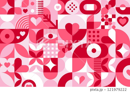 Valentines day abstract background with geometric shapes pattern. Vector romantic modular tile in shades of white and red featuring hearts, arrows and symmetrical figures with 80s retro aesthetics Valentines day abstract background with geometric shapes pattern. Vector romantic modular tile in shades of white and red featuring hearts, arrows and symmetrical figures with 80s retro aesthetics 121979222