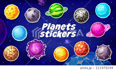 Alien space fantasy planets stickers pack. Fantastic galaxy green, pink and blue planets, alien words with cracked, stone and icy surface, craters, stone spikes isolated vector stickers or patches set 121979249