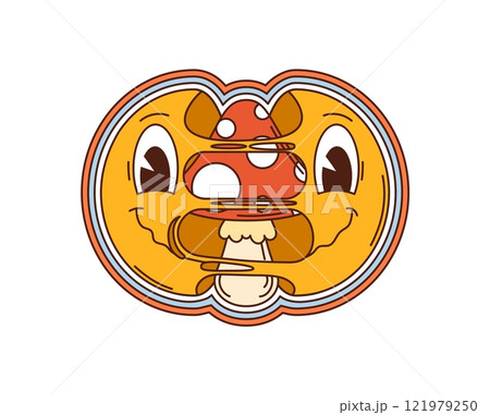 Cartoon groovy retro yellow smile face character tearing apart with an amanita mushroom inside. Isolated vector cheerful emoji with a fly agaric fungus evokes trip and hippie psychedelic y2k vibe 121979250
