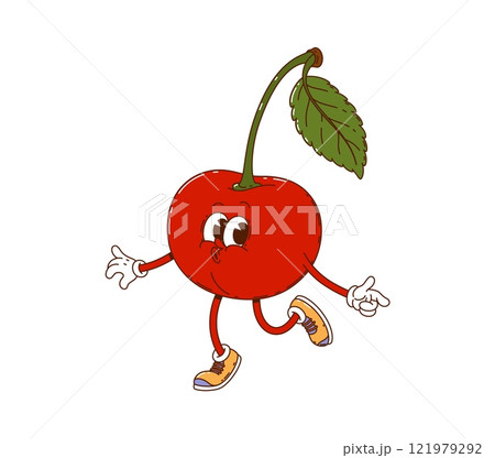 Cartoon groovy cherry berry character happily whistling and dancing. Isolated vector cool red berry with stem and leaf, retro personage wearing sneakers and exuding laid back funky hippie y2k vibes 121979292