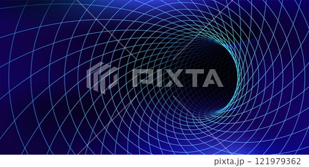 Time vortex tunnel with illuminated geometric glowing grid lines indicating a journey through time and space. Vector dynamic abstract wireframe wormhole creates a sense of infinite depth and motion 121979362