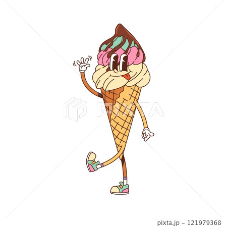 Retro hippie groovy ice cream dessert character. Gelateria vanilla gelato in waffle cone, parlor dessert isolated vector happy personage, ice cream with chocolate topping groovy character waving hand Retro hippie groovy ice cream dessert character. Gelateria vanilla gelato in waffle cone, parlor dessert isolated vector happy personage, ice cream with chocolate topping groovy character waving hand 121979368