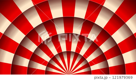 Striped line curtains on paper cut circus stage or funfair carnival scene, vector background. Circus stage or kids entertainment theater scene in papercut cutout layers with red white stripe pattern 121979369