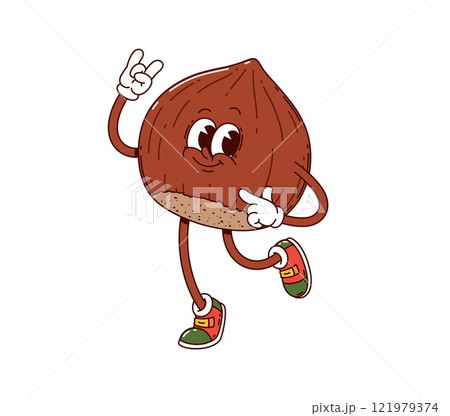 Cartoon groovy hazelnut nut character in retro sneakers joyfully dancing, showcasing funky and upbeat y2k vibe. Isolated vector playful food personage spreading happiness and hippie energy 121979374