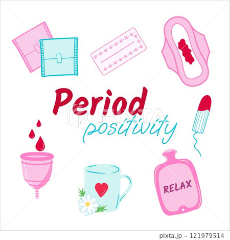 Period Positivity Concept with Feminine Hygiene Items and Relaxation Symbols. Menstruation period icons set 121979514