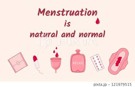 Menstruation Awareness Banner with Feminine Hygiene Products and Motivational Message 121979515