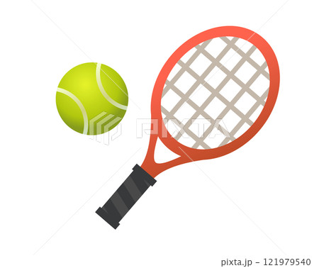 Red tennis racket, racquet and green ball sport equipment icon 121979540