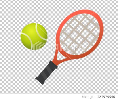 Red tennis racket, racquet and green ball sport equipment icon 121979540
